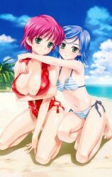  2girls absurdres bare_legs bare_shoulders barefoot beach bikini blue_hair blue_sky blush breast_hold breasts cleavage cloud day green_eyes hair_ornament hairclip happoubi_jin highres iihara_nao kneeling koromogae_maya large_breasts light_smile looking_at_viewer multiple_girls navel one-piece_swimsuit outdoors palm_tree photoshop_(medium) pink_hair resort_boin scan shiny_skin short_hair sky string_bikini striped_bikini striped_clothes swimsuit tree unzipped zipper 