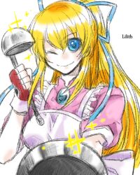  apron blonde_hair blue_eyes breasts dress female frills frying_pan ladle liel lilith_aileron long_hair lowres ponytail smile tales_of_(series) tales_of_destiny wink 