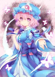  absurdres bad_id bad_pixiv_id breasts bug butterfly cherry_blossoms female hat highres japanese_clothes medium_breasts obi petals pink_eyes pink_hair ribbon saigyouji_yuyuko sash short_hair smile solo touhou triangular_headpiece umeko_(koori_ume) 