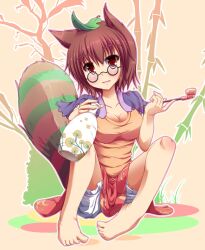  animal_ears bare_legs barefoot bloomers blush breasts brown_hair cleavage commentary_request female futatsuiwa_mamizou glasses highres jug_(bottle) kiseru leaf leaf_on_head liya medium_breasts photoshop_(medium) raccoon_ears raccoon_tail red_eyes short_hair sitting skirt smile smoking_pipe solo tail touhou underwear 