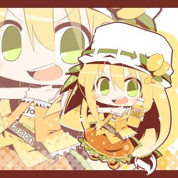  blonde_hair blush c.c._lemon chibi commentary_request female food fruit green_eyes hat lemon letterboxed long_hair open_mouth personification satsuki_mei_(sakuramochi) smile 