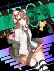  abstract_background absurdres animal_ears ayase_tamaki belt blue_eyes borrowed_character brown_hair cat_ears chibi commentary_request dress_shirt feline female hair_ornament hairclip headphones highres jacket long_sleeves necktie off_shoulder original parted_lips shirt short_hair skirt striped_clothes striped_thighhighs tail thigh_gap thighhighs yonari_phone_neon zettai_ryouiki zoom_layer 