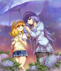  2girls aono_miki bag blonde_hair blue_eyes blue_hair commentary_request crossover eyelashes flower fresh_precure! hairband handbag handkerchief hisahiko hydrangea in-franchise_crossover long_hair multiple_girls nanairogaoka_middle_school_uniform open_mouth pantyhose photoshop_(medium) precure purple_hair rain school_uniform shared_umbrella short_hair skirt smile smile_precure sweater_vest torigoe_gakuen_school_uniform umbrella white_hairband yayoi_kise yellow_eyes 