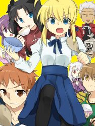  2boys 5girls archer_(fate) artoria_pendragon_(fate) bad_id bad_pixiv_id black_hair blonde_hair blue_eyes bowl brother_and_sister brown_eyes brown_hair commentary_request emiya_shirou fate/stay_night fate_(series) fujimura_taiga illyasviel_von_einzbern long_hair matou_sakura multiple_boys multiple_girls nikame orange_hair pantyhose purple_hair rice_bowl saber_(fate) siblings sisters spoon tohsaka_rin white_hair 