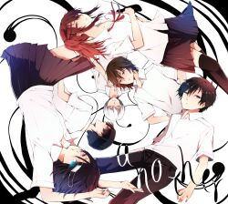  2girls 4boys akazawa_izumi another black_hair character_request commentary_request eyepatch kotobuki210 misaki_mei multiple_boys multiple_girls red_eyes red_hair ribbon school_uniform short_hair skirt thighhighs white_hair yomiyama_north_junior_high_school_uniform 