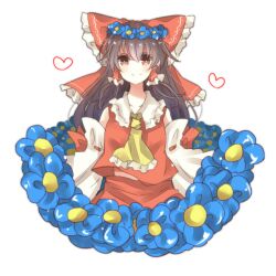  ascot bad_id bad_pixiv_id black_hair blush bow brown_eyes detached_sleeves female flower hair_flower hair_ornament hair_tubes hairbow hakurei_reimu heart long_hair pasutel red_bow red_skirt shirt skirt smile solo touhou upper_body 