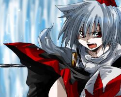  animal_ears commentary_request female hat inubashiri_momiji open_mouth red_eyes shield short_hair skirt solo sword tail tokin_hat touhou unya water waterfall weapon white_hair wolf_ears wolf_tail 