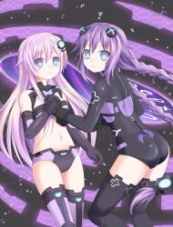  2girls ass blue_eyes choujigen_game_neptune_mk2 commentary_request long_hair md5_mismatch midriff multiple_girls navel nepgear neptune_(series) photoshop_(medium) purple_hair purple_heart_(neptunia) purple_sister purple_theme siblings sisters tukino_neru 