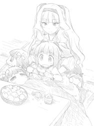  4girls akane_yuki amami_haruka bad_id chibi food fruit greyscale hairband haruka-san idolmaster idolmaster_(classic) kotatsu mandarin_orange monochrome multiple_girls puchimasu! shijou_takane table takatsuki_yayoi twintails 