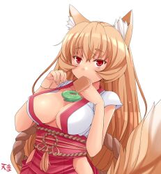  aburaage amane_hasuhito animal_ears bad_id bad_pixiv_id breasts brown_hair cleavage covered_nipples female food fox_ears fox_tail inugami_renge_(hasu) japanese_clothes large_breasts long_hair magatama miko mouth_hold no_bra no_panties oerba_yun_fang original red_eyes simple_background solo tail white_background 