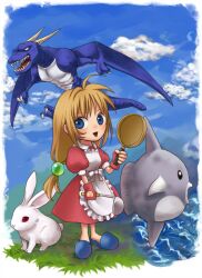  animal apron blonde_hair blue_eyes breasts bunny cloud dragon dress female fish frills frying_pan grass ladle lilith_aileron long_hair open_mouth rabbit saintpaulia tales_of_(series) tales_of_destiny water 