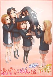  5girls akiyama_mio bad_id bad_pixiv_id black_hair blazer blonde_hair bonjin brown_hair hairband hirasawa_yui jacket k-on! kotobuki_tsumugi long_hair multiple_girls nakano_azusa pantyhose pleated_skirt sakuragaoka_high_school_uniform school_uniform short_hair skirt smile tainaka_ritsu twintails wings 