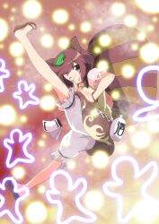  :p animal_ears bloomers brown_eyes brown_hair commentary_request danmaku female futatsuiwa_mamizou glasses highres leaf leaf_on_head leg_up massala notepad one_eye_closed pince-nez raccoon_ears raccoon_tail short_hair smile solo tail tongue tongue_out touhou underwear 