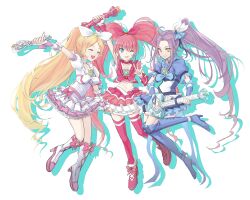  3girls ;p arm_up bad_id bad_pixiv_id blonde_hair blue_eyes blue_footwear blue_skirt blue_thighhighs boots bow brooch choker closed_eyes crazyzoe cure_beat cure_melody cure_rhythm earrings fantastic_belltier frills full_body guitar hairband hairbow highres houjou_hibiki instrument jewelry knee_boots kurokawa_eren long_hair love_guitar_rod magical_girl minamino_kanade miracle_belltier multiple_girls one_eye_closed pink_bow pink_choker pink_hair pink_legwear pink_wrist_cuffs precure purple_hair seiren_(suite_precure) shadow side_ponytail skirt smile suite_precure thigh_boots thighhighs tongue tongue_out twintails wand white_background wrist_cuffs yellow_eyes zettai_ryouiki 