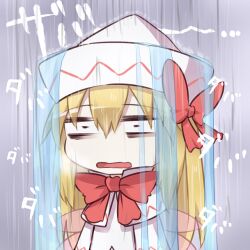  blonde_hair bow capelet chibi commentary_request dress female hairbow hat lily_white long_hair rain solo touhou water wings yutamaro 