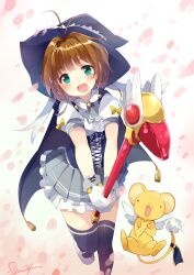  :d antenna_hair bad_id bad_pixiv_id blue_hat blush brown_hair cape cardcaptor_sakura corset female fuuin_no_tsue gloves green_eyes hat highres kero_(cardcaptor_sakura) kinomoto_sakura magical_girl open_mouth pun2 purple_legwear shirt short_hair skirt smile staff star-shaped_pupils star_(symbol) symbol-shaped_pupils thighhighs white_gloves witch_hat zettai_ryouiki 