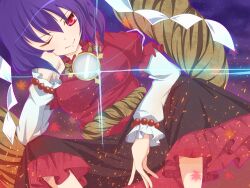  ashino commentary_request female mirror one_eye_closed purple_hair red_eyes rope shimenawa short_hair smile solo touhou yasaka_kanako 