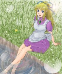  apron blonde_hair blue_eyes breasts dress female flower frills grass lilith_aileron long_hair ponytail tales_of_(series) tales_of_destiny water 