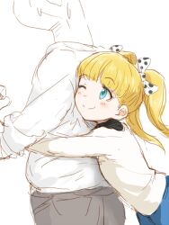  1boy blonde_hair blue_eyes commentary_request dani-ikapi female hug hug_from_behind idolmaster idolmaster_cinderella_girls mary_cochran one_eye_closed p-head_producer producer_(idolmaster) smile twintails 