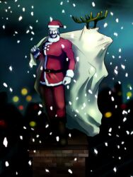  1boy antlers belt boots brick buckle chimney christmas commentary_request facial_hair g_gundam grey_hair gundam hat highres horns house male_focus manly master_asia migo moustache night sack santa_costume santa_hat snow 