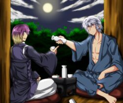  2boys alcohol blonde_hair bottle buront bush commentary_request crossover cup elf elvaan final_fantasy final_fantasy_xi food full_moon gradient_hair grey_hair hijiri_myouren japanese_clothes moon multicolored_hair multiple_boys nonopomu open_mouth pointy_ears purple_hair red_eyes sake short_hair sitting smile the_iron_of_yin_and_yang touhou yellow_eyes 