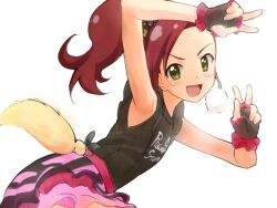  :d armpits bad_id bad_pixiv_id blush female fingerless_gloves frills gloves green_eyes nyama open_mouth ponytail pretty_rhythm pretty_rhythm_dear_my_future pretty_series red_hair shijimi_karin skirt smile solo v 