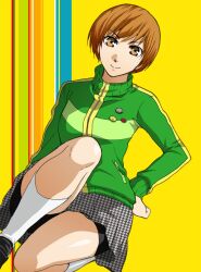  bike_shorts brown_eyes brown_hair commentary_request female jacket looking_at_viewer persona persona_4 satonaka_chie school_uniform short_hair skirt smile solo taguchi_kenji_(omaep) track_jacket 