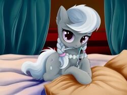  4:3 bed cutie_mark earth_pony equid equine eyewear female feral friendship_is_magic furniture grey_body grey_hair hair hasbro hi_res horse jewelry mammal multicolored_hair my_little_pony necklace pillow pony purple_eyes quadruped rainbow_(artist) silver_spoon_(mlp) solo tail two_tone_hair white_hair young young_feral 