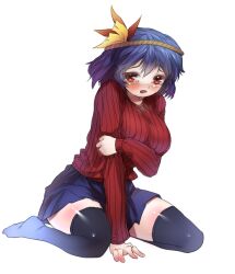  alternate_costume between_legs black_thighhighs blush breasts commentary_request female hand_between_legs large_breasts looking_at_viewer open_mouth purple_hair red_eyes ribbed_sweater sakimori_dan short_hair simple_background sitting skirt solo sweater tears thighhighs touhou wariza white_background yasaka_kanako 