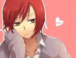  1boy bad_id bad_pixiv_id brown_eyes character_name heart hori-san_to_miyamura-kun male_focus pink_background red_hair sacraneco school_uniform sengoku_kakeru simple_background sweater 