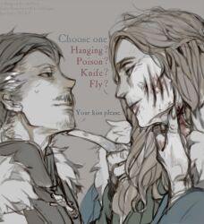  1boy a_song_of_ice_and_fire animification bad_id bad_pixiv_id blood blue_eyes brown_hair catelyn_tully facial_hair female grey_hair lady_stoneheart long_hair moustache petyr_baelish photoshop_(medium) scar spoilers stubble wavesheep zombie 