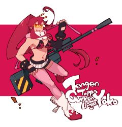  anti-materiel_rifle belt bikini bikini_top_only boots breasts commentary_request female fingerless_gloves gloves gun long_hair luo_zi medium_breasts navel no_shirt photoshop_(medium) ponytail red_hair rifle safety_glasses scarf short_shorts shorts smile sniper_rifle solo sunglasses swimsuit tengen_toppa_gurren_lagann thighhighs tinted_eyewear weapon yellow-tinted_eyewear yellow_eyes yoko_littner 