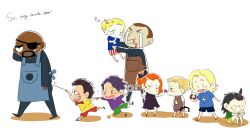  6+boys age_difference avengers black_widow black_widow_(marvel) blood bruce_banner captain_america chibi clint_barton dark_skin eyepatch female hawkeye_(marvel) loki_(marvel) marvel mcu multiple_boys natasha_romanoff nick_fury phil_coulson size_difference steve_rogers thor_(marvel) tony_stark young younger 