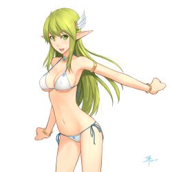  bikini bracelet breasts cleavage commentary_request covered_nipples dan_(kumadan) elsword female grand_archer_(elsword) green_eyes green_hair halterneck head_wings jewelry long_hair looking_at_viewer medium_breasts navel necklace open_mouth pointy_ears rena_erindel shiny_skin side-tie_bikini_bottom signature simple_background smile solo strap_gap string_bikini swimsuit white_background wings 