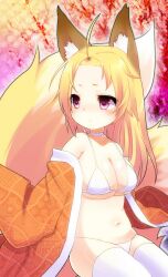  ahoge animal_ear_fluff animal_ears bad_id bad_pixiv_id bikini blonde_hair choker female fox_ears fox_tail long_hair mofuaki navel original purple_eyes robe sitting solo swimsuit tail thighhighs 