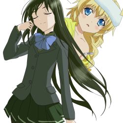  1boy accel_world black_hair blonde_hair blue_eyes commentary_request crossover female haiyore!_nyaruko-san hastur_(nyaruko-san) highres kuroyukihime long_hair otoko_no_ko pantyhose school_uniform takahiro_(rikky) thermometer towel towel_on_head umesato_middle_school_uniform 