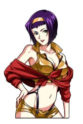  bob_cut breasts cleavage commentary_request cowboy_bebop faye_valentine female green_eyes hairband halterneck hand_on_own_hip lipstick makeup mayumio88 medium_breasts navel photoshop_(medium) purple_hair shorts simple_background sleeves_rolled_up solo white_background yellow_hairband yellow_shorts 