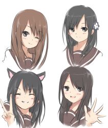  4girls animal_ears black_eyes black_hair brown_eyes brown_hair cat_ears commentary_request hair_ornament kemonomimi_mode mikami_shiori multiple_girls nanamori_school_uniform one_eye_closed ookubo_rumi ootsubo_yuka real_life school_uniform serafuku simple_background tsuda_minami v voice_actor waving white_background yuki_(sangeki5806) yuru_yuri 