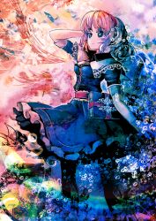  alice_margatroid arm_up bad_id bad_pixiv_id black_pantyhose blonde_hair blue_eyes book bubble capelet dress female flower gradient grimoire grimoire_of_alice hairband highres lace lily_(flower) organ_derwald pantyhose sash short_hair short_sleeves solo touhou 