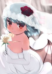  bare_shoulders bat_wings blue_hair blush bridal_veil collarbone commentary_request dress elbow_gloves female flat_chest flower formal gigokku gloves hair_ornament looking_at_viewer partial_commentary red_eyes remilia_scarlet ribbon rose short_hair smile solo touhou veil wedding_dress white_flower white_rose white_theme wings 