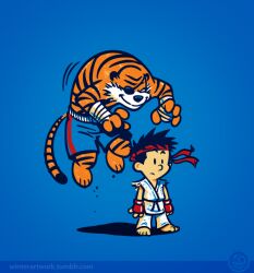  1boy bill_watterson_(style) black_hair calvin_&amp;_hobbes calvin_(calvin_&amp;_hobbes) commentary cosplay dougi english_commentary eyepatch grin headband hobbes_(calvin_&amp;_hobbes) photoshop_(medium) pouncing pun ryu_(street_fighter) ryu_(street_fighter)_(cosplay) sagat sagat_(cosplay) shorts smile street_fighter topless_male watermark web_address winterartwork 