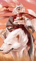  adapted_costume animal_ears barefoot breasts commentary_request detached_sleeves epaulettes female hat highres inubashiri_momiji mask medium_breasts midriff navel phenne red_eyes riding sharp_teeth shield short_hair skirt solo sword tail teeth tokin_hat touhou weapon white_hair wolf wolf_ears wolf_tail 