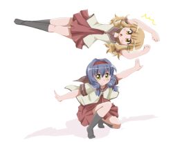  2girls black_socks blonde_hair blue_hair brown_eyes commentary_request dodging furutani_himawari hair_ornament hairband hairclip jumping md5_mismatch multiple_girls nanamori_school_uniform oomuro_sakurako parody sailor_collar_lift school_uniform serafuku shadow shishinon simple_background socks squatting white_background yellow_eyes yuru_yuri 