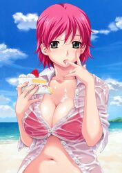  absurdres beach bikini bikini_under_clothes breasts cake cake_slice cleavage collarbone cream day doily female fingernails food fruit green_eyes happoubi_jin highres holding holding_food iihara_nao large_breasts licking licking_finger lips navel outdoors partially_unbuttoned pastry photoshop_(medium) pink_hair resort_boin scan see-through shirt short_hair sleeves_pushed_up solo strawberry sweat swimsuit tongue unbuttoned upper_body water wet wet_clothes 