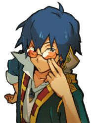  1boy adjusting_eyewear blue_hair commentary_request lowres luo_zi male_focus photoshop_(medium) simon_(ttgl) solo sunglasses tengen_toppa_gurren_lagann 