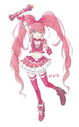  ;p arm_up bad_id bad_pixiv_id blue_eyes bow braid character_name choker crazyzoe cure_melody female frills full_body hairbow highres houjou_hibiki long_hair magical_girl midriff miracle_belltier one_eye_closed pink_bow pink_choker pink_hair pink_thighhighs pink_wrist_cuffs precure shoes skirt solo suite_precure thighhighs tongue tongue_out twintails v wand white_background wrist_cuffs zettai_ryouiki 