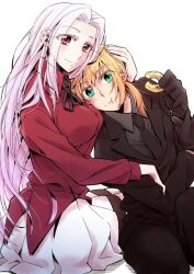  2girls :t ahoge artoria_pendragon_(fate) black_gloves blonde_hair commentary_request eating fate/zero fate_(series) formal gloves green_eyes gucce222 irisviel_von_einzbern long_hair multiple_girls necktie pant_suit pants pantyhose ponytail red_eyes reverse_trap saber_(fate) suit thighhighs white_hair yuri 