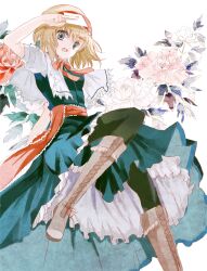  alice_margatroid arm_up bad_id bad_pixiv_id black_pantyhose blonde_hair blue_dress boots bow brown_footwear capelet cierra_(ra-bit) cross-laced_footwear dress female floral_background flower foot_out_of_frame grey_eyes hairband holding knee_boots lace-up_boots open_mouth pantyhose peony_(flower) photoshop_(medium) puffy_short_sleeves puffy_sleeves sash short_hair short_sleeves solo touhou white_background 