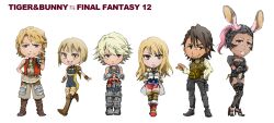  2girls 4boys animal_ears ashelia_b&#039;nargin_dalmasca ashelia_b&#039;nargin_dalmasca_(cosplay) balthier balthier_(cosplay) basch_fon_ronsenburg basch_fon_ronsenburg_(cosplay) blonde_hair boots brown_footwear brown_hair chibi commentary_request cosplay final_fantasy final_fantasy_xii fran_(ff12) fran_(ff12)_(cosplay) huang_baoling ivan_karelin kaburagi_t._kotetsu karina_lyle keith_goodman multiple_boys multiple_girls nathan_seymour parody penelo penelo_(cosplay) pochika_s rabbit_ears tiger_&amp;_bunny vaan_(ff12) vaan_(ff12)_(cosplay) viera 