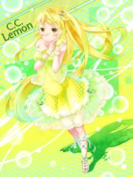  blonde_hair blush c.c._lemon c.c._lemon_(character) commentary_request dress female food fruit hair_ornament lemon long_hair personification smile solo sugiyuu 